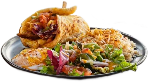 Shawarma wrap with seasoned rice and salad